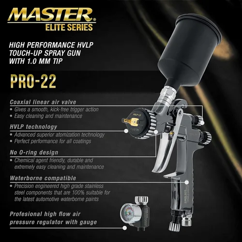 Miniatura 2 de Master Elite PRO-22 HVLP – Pistola pulverizadora de pintura a aire con punta de 0.039 pulgadas, taza de 150ml, manómetro de presión de aire