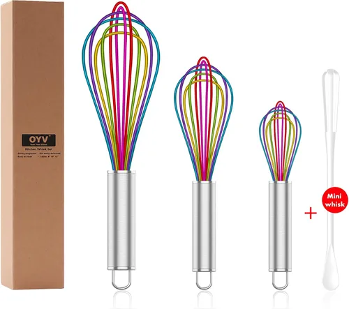 Miniatura 12 de OYV Batidor de silicona, paquete de 3 batidores profesionales para cocinar sin arañazos, acero inoxidable y silicona, batidor de goma de plástico