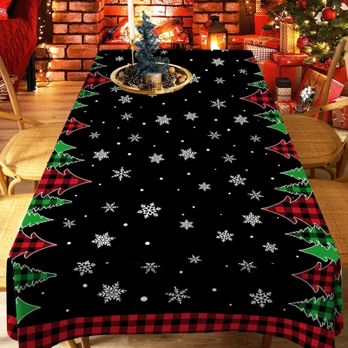 Miniatura 5 de pinata Mantel de Navidad de 60 x 84 pulgadas, mantel rectangular con árboles de Navidad, cuadros búfalo negro oblongo de invierno, Navidad y copos