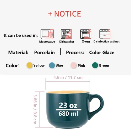 Miniatura 3 de TeenFighter Taza grande de porcelana de avena - 23 onzas (680mL) Taza de café ancha, taza para el desayuno y tazón de sopa, apta para microondas