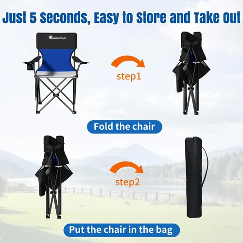 Miniatura 6 de Silla de camping de gran tamaño, sillas de césped con respaldo alto de 500 libras (negro azul) Portable Outdoor Heavy Duty Folding Camping Chairs