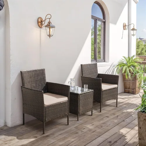 Miniatura 6 de Flamaker Juego de muebles de patio de 3 piezas de ratán para todo tipo de clima, muebles de exterior, sillas de patio con mesa de vidrio templado
