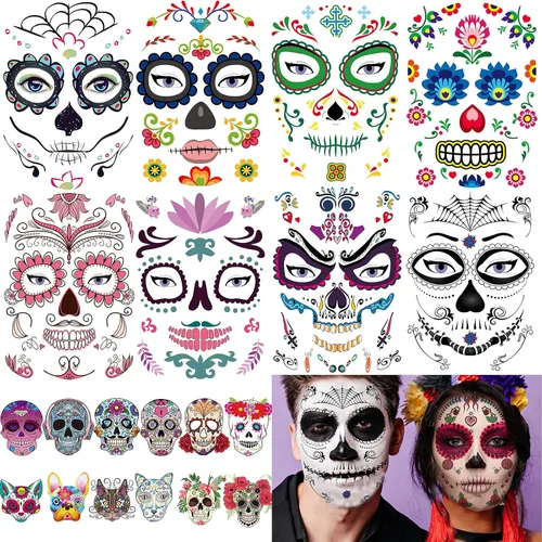 Miniatura 13 de 23 hojas de tatuajes de bromista de Halloween para hombres, mujeres y adultos, tatuajes temporales falsos de cara de Halloween, serpiente
