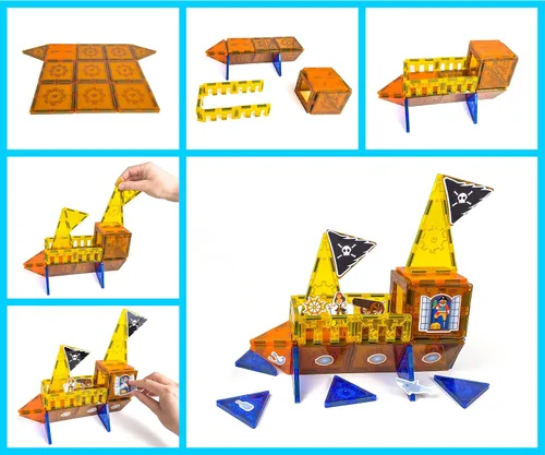 Miniatura 5 de Tytan Tiles Pirate Ship & Island - Juego de construcción de azulejos magnéticos de 60 piezas, divertido juguete STEM para niños, juego creativo