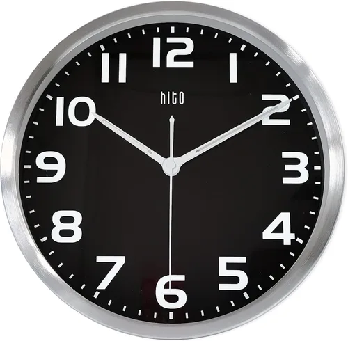 HITO Reloj de pared con luz nocturna de 12 pulgadas, funciona con pilas, brillo ajustable, marco de metal, cubierta de vidrio (manos + números Manos