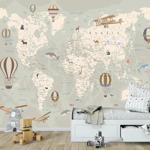 Papel tapiz de mapa del mundo para niños con animales, calcomanías educativas para despegar y pegar, murales de guardería para bebés, niños