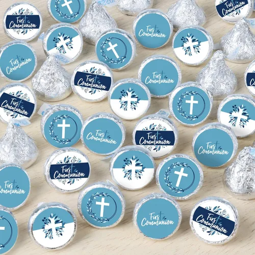 Miniatura 6 de Big Dot of Happiness First Communion Blue Elegant Cross - Adhesivo redondo para fiesta religiosa para niños, etiquetas para dulces de chocolate