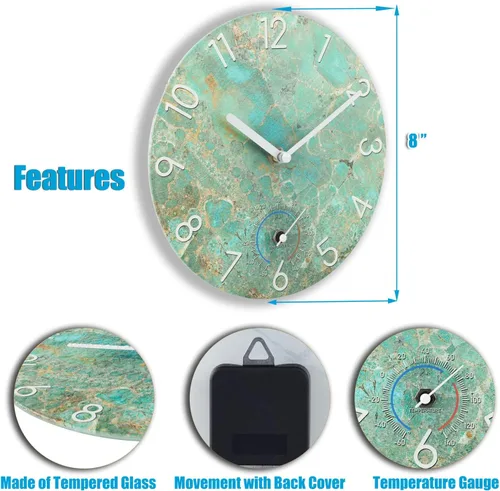 Miniatura 3 de Crosstime Reloj para exteriores de 8 pulgadas impermeable con termómetro – Silencioso cristal templado imitación mármol Amazon Green Decor reloj