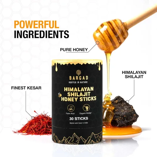 Miniatura 2 de Bargad Barras de Miel Pura de Shilajit del Himalaya con Azafrán – 30 unidades +75% de ácido fúlvico, +85 minerales traza Aumento natural