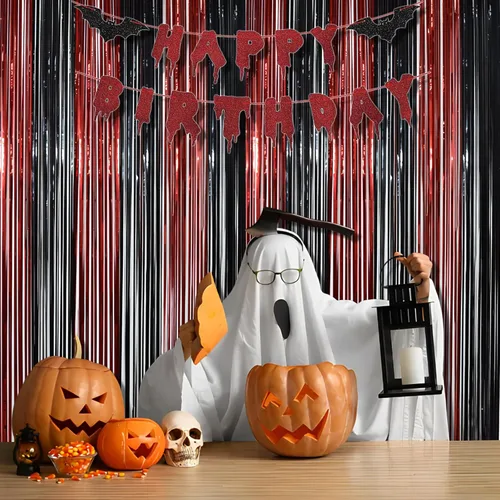 Miniatura 4 de BRAVESHINE Cortinas de fondo de fotos de oropel, paquete de 2 cortinas de flecos de papel de aluminio negro y rojo de 3.2 x 8.2 pies para Negro rojo