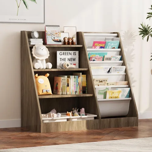 Miniatura 27 de Estantería de 4 niveles para niños de madera, estantería de cinco capas para libros de niños, estante de almacenamiento para bebés y niños pequeños