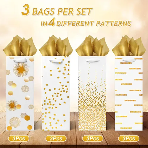 Miniatura 2 de Carnation Bolsas de vino – Paquete de 12 bolsas de regalo para botellas de vino de papel de aluminio dorado para ocasiones especiales