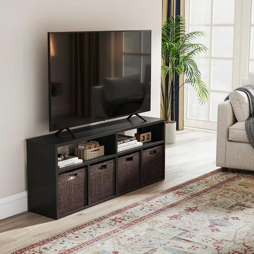 Miniatura 29 de IRONMIX Organizador de almacenamiento de 5 cubos de metal, estantería corta negra, soporte de TV para televisores de hasta 40 pulgadas, centro