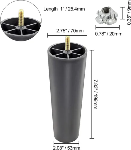 Miniatura 4 de 4 patas de sofá de 2.5 pulgadas, patas cónicas para muebles, patas de sofá de plástico con pernos de suspensión M8 para sofá, tocador, armario