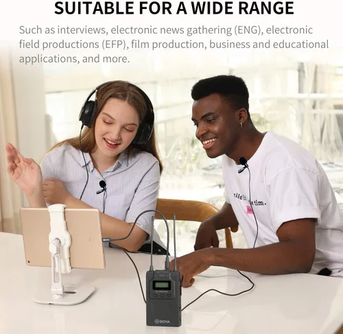 Miniatura 3 de BOYA Micrófono Lavalier inalámbrico dual Smartphone, sistema de doble canal 2 transmisor y 1 receptor para grabadora de cámara réflex digital iPhone