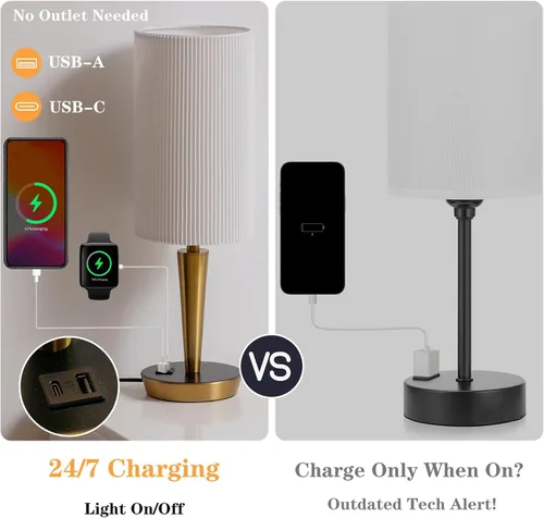 Miniatura 4 de MODIVO Lámpara de mesita de noche con carga USB-C/A y control táctil, diseño de acabado de color bronce de 17 pulgadas y pantalla ondulada de doble