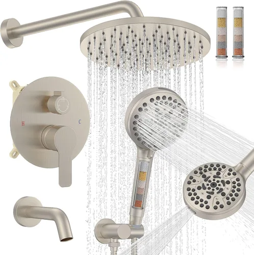 Miniatura 12 de Juego de llave de ducha de lluvia redonda negra mate de Iriber, llave de ducha con filtro y rociador de mano, llave de ducha moderna de baño con 9
