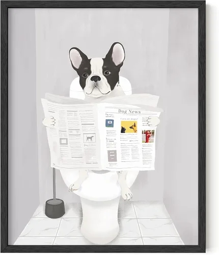 Miniatura 10 de HAUS AND HUES Divertido arte de pared de perro – Bulldog francés en el baño, carteles de animales (marco negro, 12 x 16)