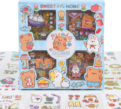 Miniatura 10 de Adhesivos de osos de dibujos animados kawaii lindos - 100 hojas, conejo transparente, suministros de PET para diario, calcomanías para calendario