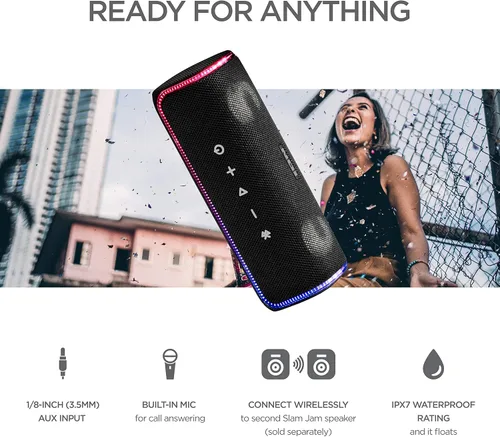 Miniatura 7 de ION Audio Slam Jam-IPX7 - Altavoz Bluetooth impermeable con micrófono, batería recargable, 15 sonidos de batería, entrada auxiliar y puerto de carga