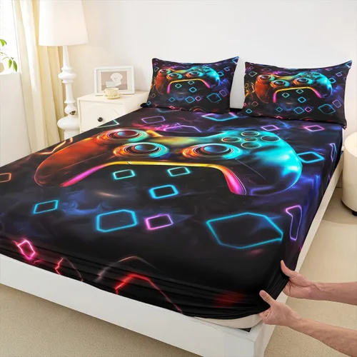 Miniatura 14 de Sábana bajera ajustable con estampado de guitarra, tamaño individual, protector de colchón con 1 funda de almohada, diseño de notas de partitura