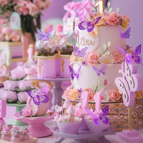 Miniatura 3 de SAOROPEB - Calcomanía de mariposa 3D para pared, 48 piezas, 4 estilos, 3 tamaños, extraíble, mariposa morada para decorar cumpleaños, fiestas