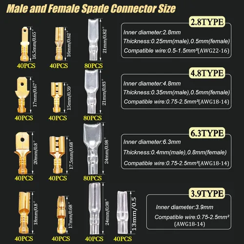 Miniatura 2 de Twidec/640 piezas 2.8/4.8/6.3mm Conectores de Terminal de Pala de Alambre Macho y Hembra de Empalme Rápido Kit Dorado con Alicates de Prensado