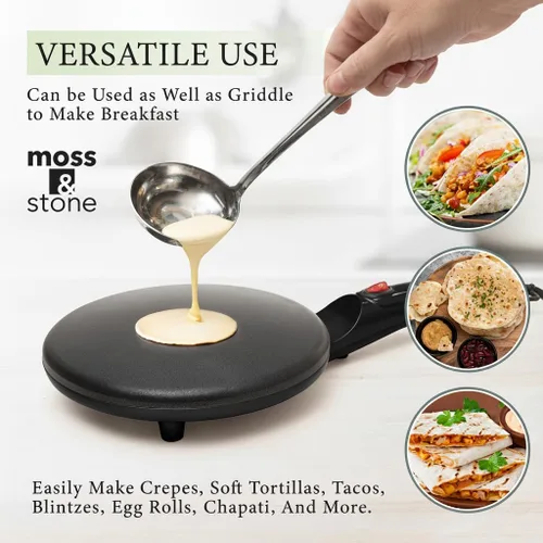 Miniatura 5 de Moss & Stone Máquina Eléctrica para Crepas – Sartén Portátil para Crepas de 8" Antiadherente con Plato de Inmersión, Apagado Automático, Interruptor