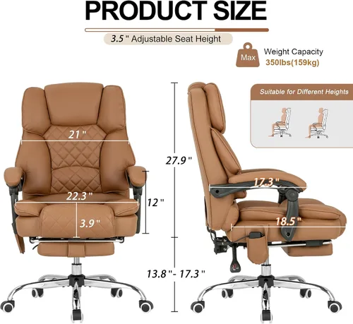 Miniatura 3 de Silla de oficina ejecutiva de masaje amasado con calefacción, silla de oficina reclinable de 90-135° con reposapiés, silla de escritorio