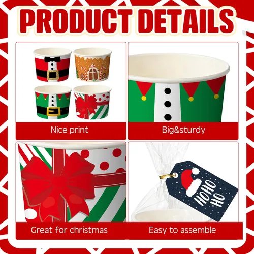 Miniatura 3 de Layhit Juego de cestas de regalo de Navidad, 50 tazas vacías para aperitivos de Navidad, 50 bolsas de celofán transparente, 50 etiquetas de regalo