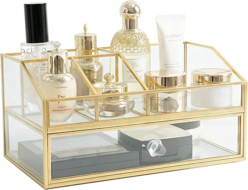 JIARI Organizador de maquillaje de cristal con cajón, caja de exhibición de joyas con marco de latón dorado, almacenamiento de cosméticos de estilo