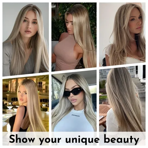 Miniatura 7 de HC Extensiones de cabello humano Remy de 18 pulgadas, cabello lacio de doble trama, cabello cosido con reflejos rubio ceniza mezclado con rubio