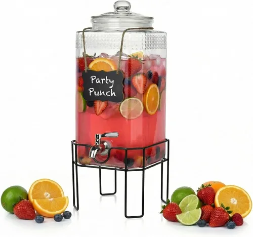 Miniatura 10 de Dispensador de bebidas, dispensadores de bebidas para fiestas, dispensador de bebidas de vidrio de 1 galón con soporte y tapa de vidrio, grifo 100%