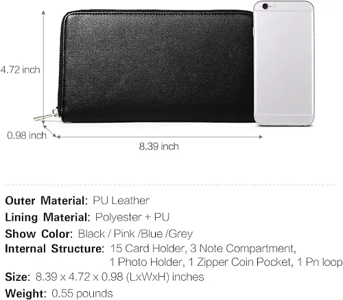 Miniatura 4 de CLUCI Cartera de mujer grande de cuero diseñador cremallera alrededor titular de la tarjeta de viaje embrague muñeca negro paquetes con mujer cuero