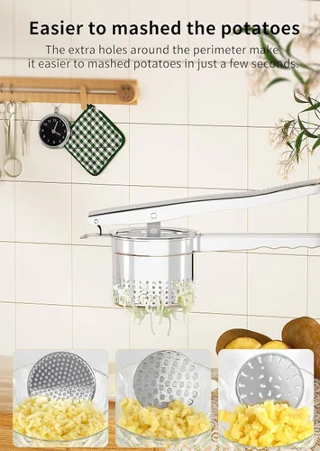 Miniatura 2 de GloTika Ricer de papas grande de 15 onzas con 3 discos intercambiables, triturador de papas de acero inoxidable resistente con mango ergonómico