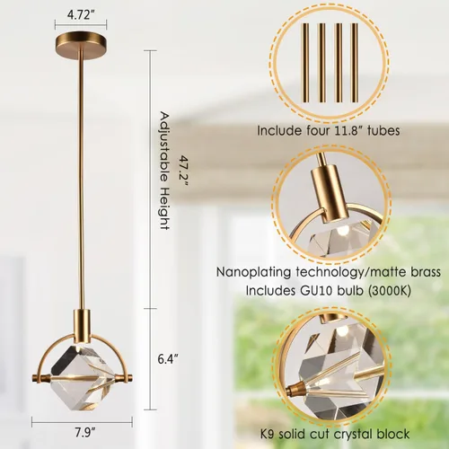 Miniatura 2 de Lámpara colgante de latón, lámpara colgante de cristal en forma de cubo para isla de cocina, moderna pequeña lámpara colgante de techo regulable