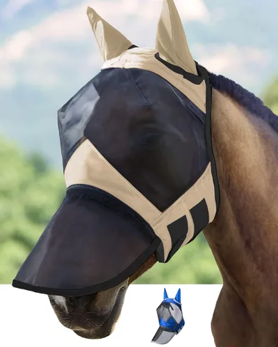 Miniatura 16 de Harrison Howard CareMaster Pro - Máscara luminosa para mosca de caballo, gran espacio para los ojos, nariz larga con orejas, protección UV para Azul