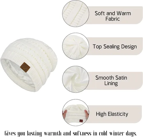Miniatura 3 de Gorros de invierno con forro de satén para mujer, gorro de invierno para mujer, con forro de seda, gorro holgado para invierno, gorro de punto