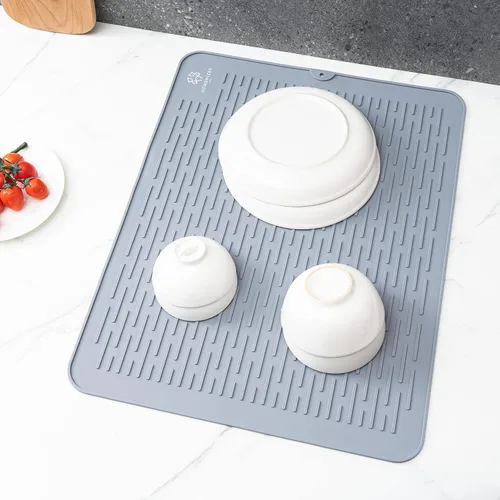 Miniatura 3 de Tapete de silicona para secar platos para encimera de cocina, extragrande, 23 x 18 pulgadas, resistente al calor, diseño antideslizante, secado Gris