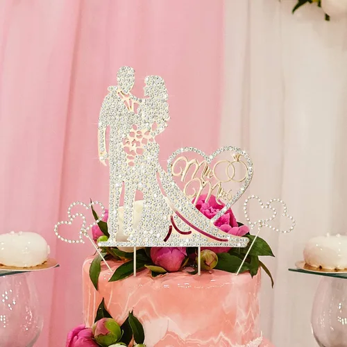 Miniatura 5 de Paquete de 3 decoraciones de tarta de boda Sr. y Sra. con strass, decoración de tarta de boda de metal, decoración de tarta de boda de cristal
