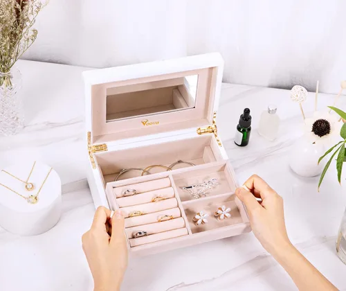 Miniatura 7 de Voova Joyero organizador de madera para mujeres y adolescentes y niñas, estuche de joyería de madera de pintura de piano de lujo con espejo, cajas