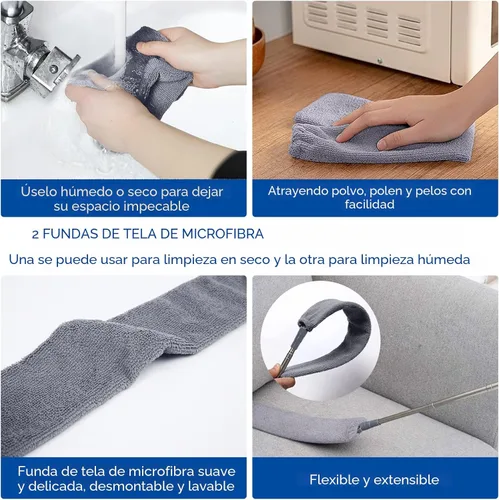 Miniatura 4 de Limpiador de Polvo Retráctil para Espacios Estrechos, Herramientas de Limpieza con 2 Paños de Microfibra para Quitar el Polvo, Mango Largo de 60