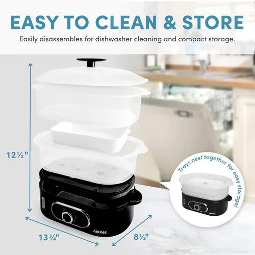 Miniatura 6 de AROMA® Cesta de vapor de alimentos doble y vaporizador eléctrico de arroz con nivel de agua de fácil lectura y temporizador