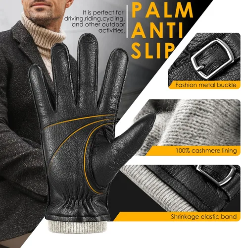 Miniatura 5 de Guantes de piel de oveja genuina para hombres, guantes de invierno cálidos para pantalla táctil, para conducir, motocicleta, guantes forrados