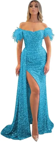 Miniatura 13 de Vestidos de fiesta de lentejuelas con hombros descubiertos, vestido formal de sirena brillante, vestido largo de fiesta de noche con abertura