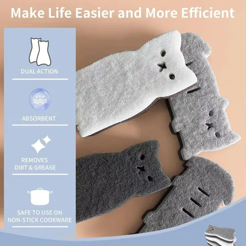 Miniatura 4 de Esponjas de cocina reutilizables, esponja de plato con forma de gato para lavar platos, esponjas antiarañazos para lavar platos, esponja