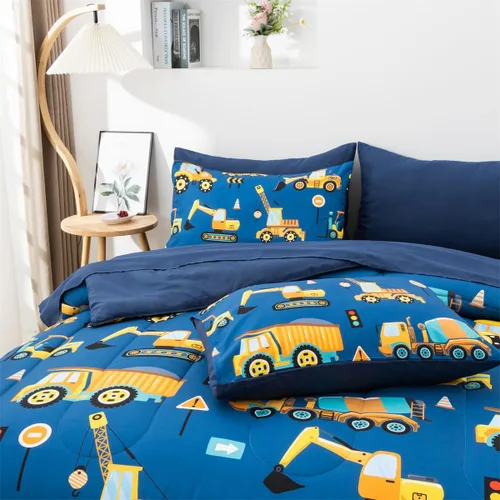 Miniatura 4 de NTBED Juego de edredón individual de 5 piezas con diseño de camión de construcción para niños varones, cama en una bolsa, vehículos excavadora, Azul