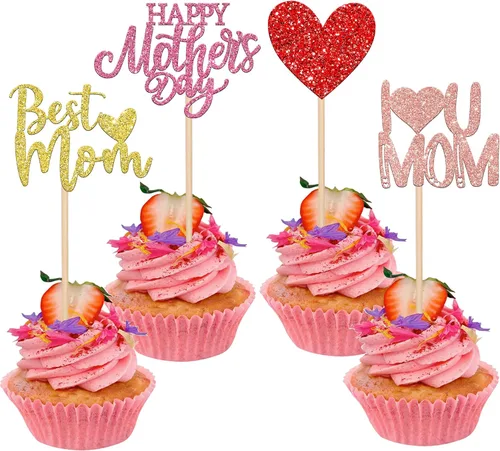 Miniatura 32 de Rsstarxi 1 paquete de decoración para pastel con flores de purpurina con doble corazón Love Mom Best Mom Best Mom Cake Pick Decoraciones para feliz