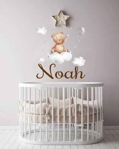 Miniatura 5 de Calcomanía de pared de oso de peluche con nombre personalizado, luna, estrellas, nubes, acuarela, decoración de habitación de bebé para niños
