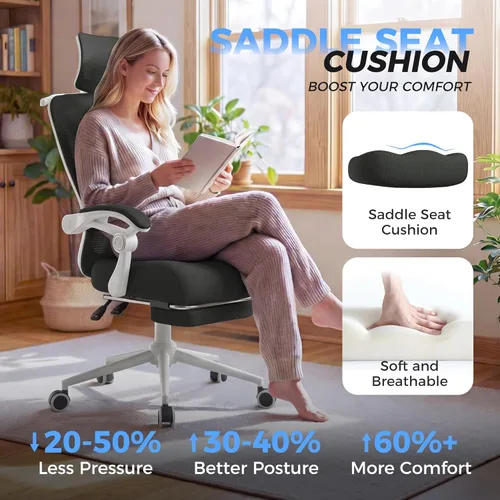Miniatura 4 de Silla de oficina ergonómica con reposapiés, soporte lumbar ajustable y reposacabezas, silla de computadora reclinable de malla de 90-160°, oficina